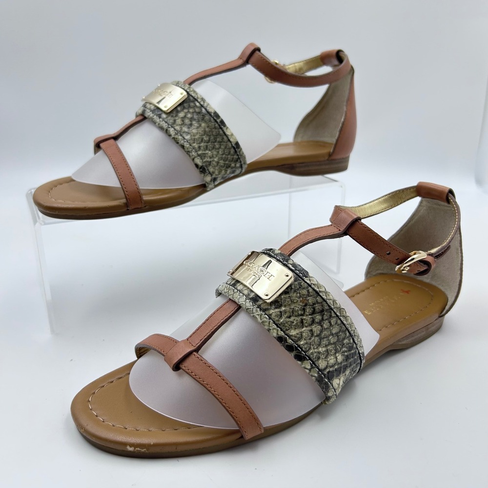 Coach Harriet Sandals Womens 6.5 Brown Snakeskin Leather T-Strap Flat Boho Chic